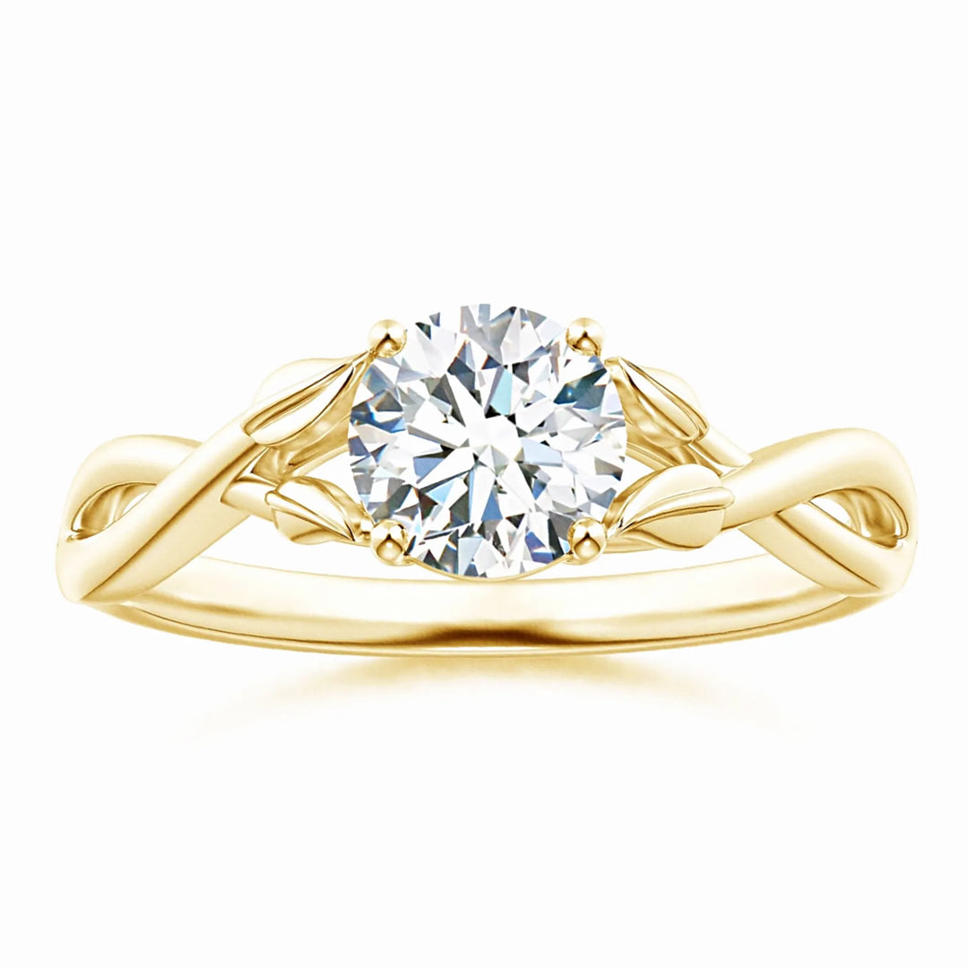 Lab-created nature-inspired diamond crossover ring with leaf motif