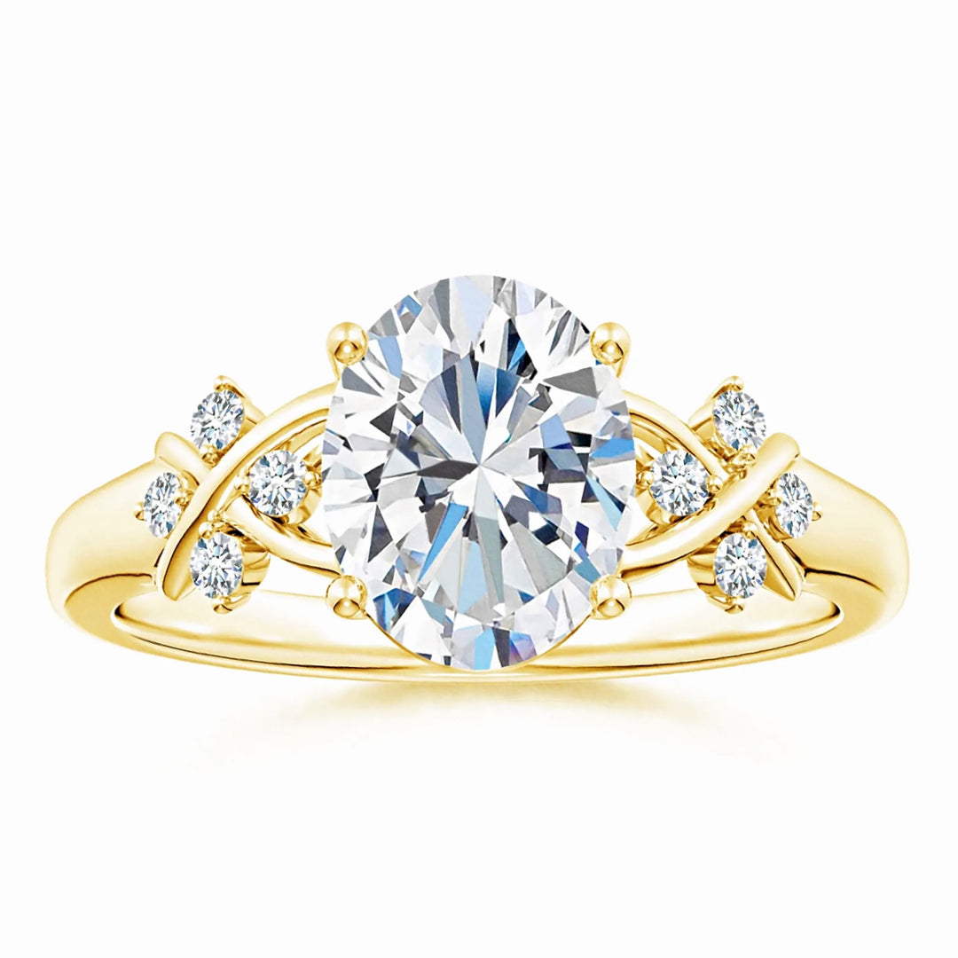 Lab-Grown Solitaire Oval Diamond Criss Cross Ring with Diamonds