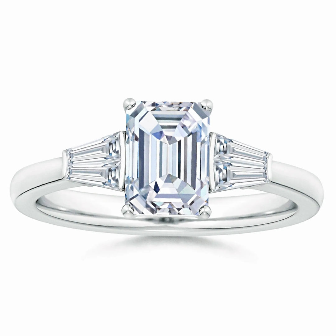 Lab-Grown Emerald-Cut and Twin Tapered Baguette Diamond Side Stone Engagement Ring