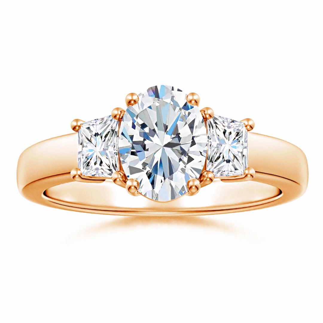 Classic Oval and Trapezoid Lab-Grown Diamond Three Stone Engagement Ring