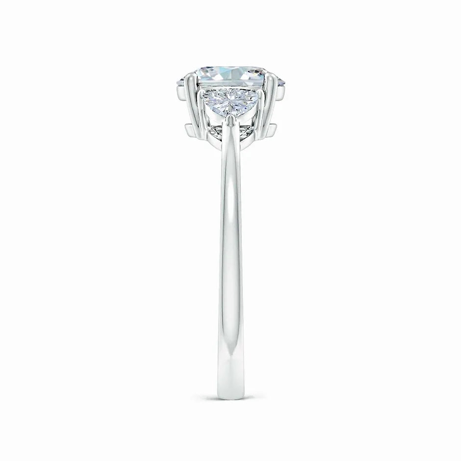 Lab-Grown Oval and Trillion Diamond Three Stone Reverse Tapered Shank Engagement Ring