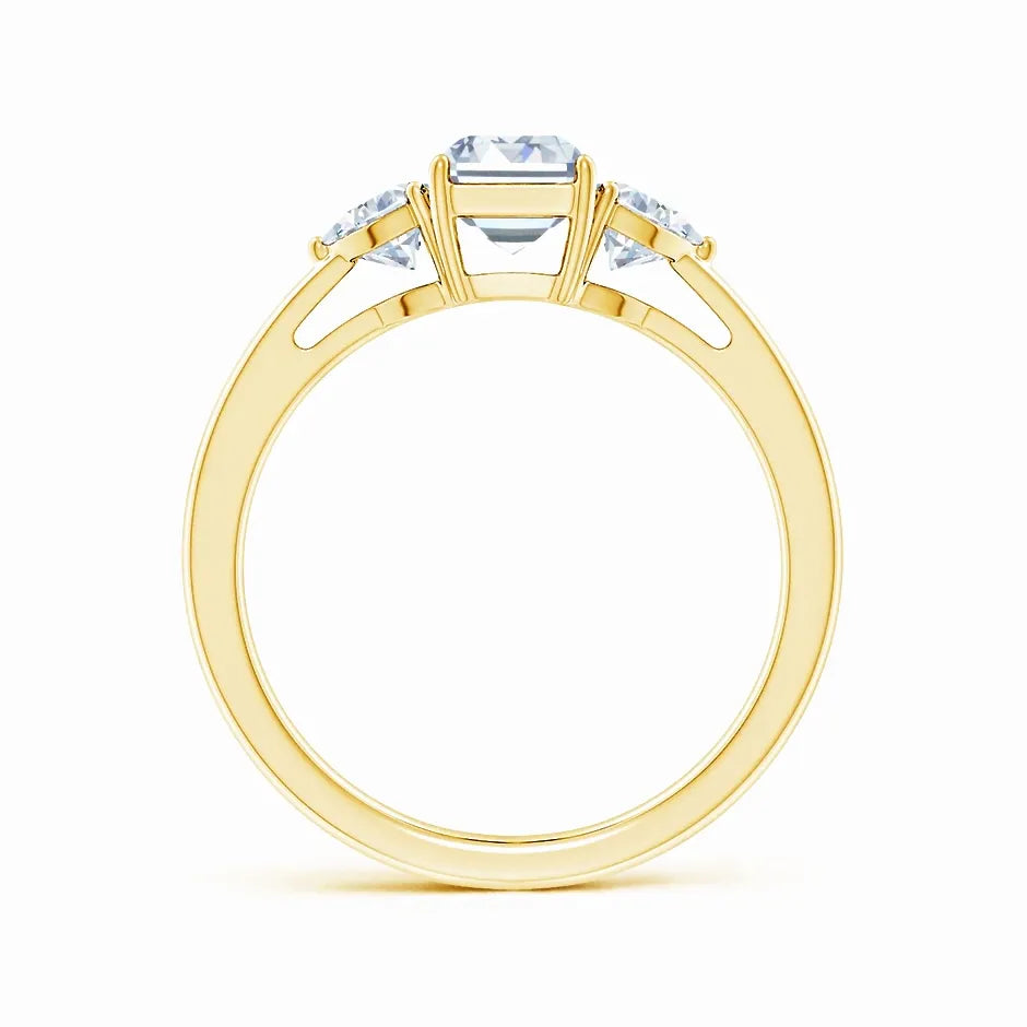 IGI Certified Lab-Grown Emerald-Cut and Trillion Diamond Three Stone Reverse Tapered Shank Engagement Ring