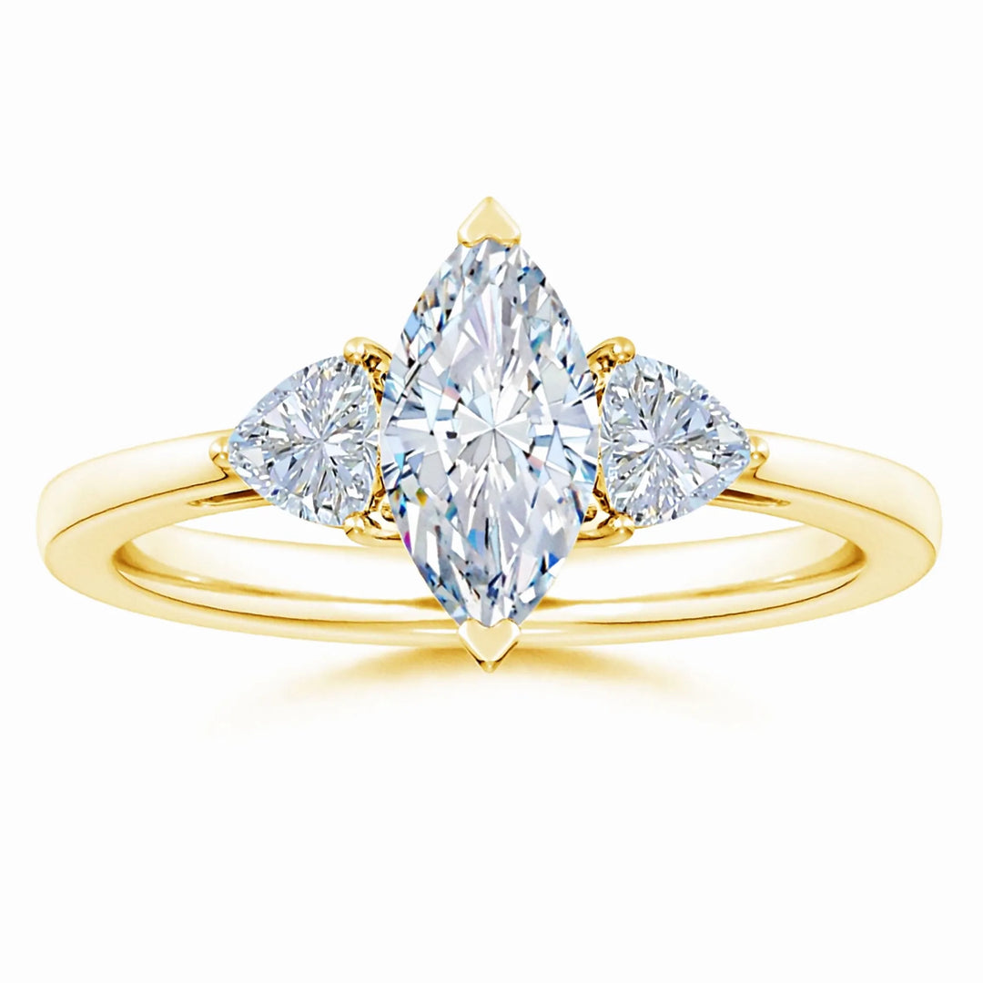 IGI Certified Lab-Grown Marquise and Trillion Diamond Three Stone Reverse Tapered Shank Engagement Ring