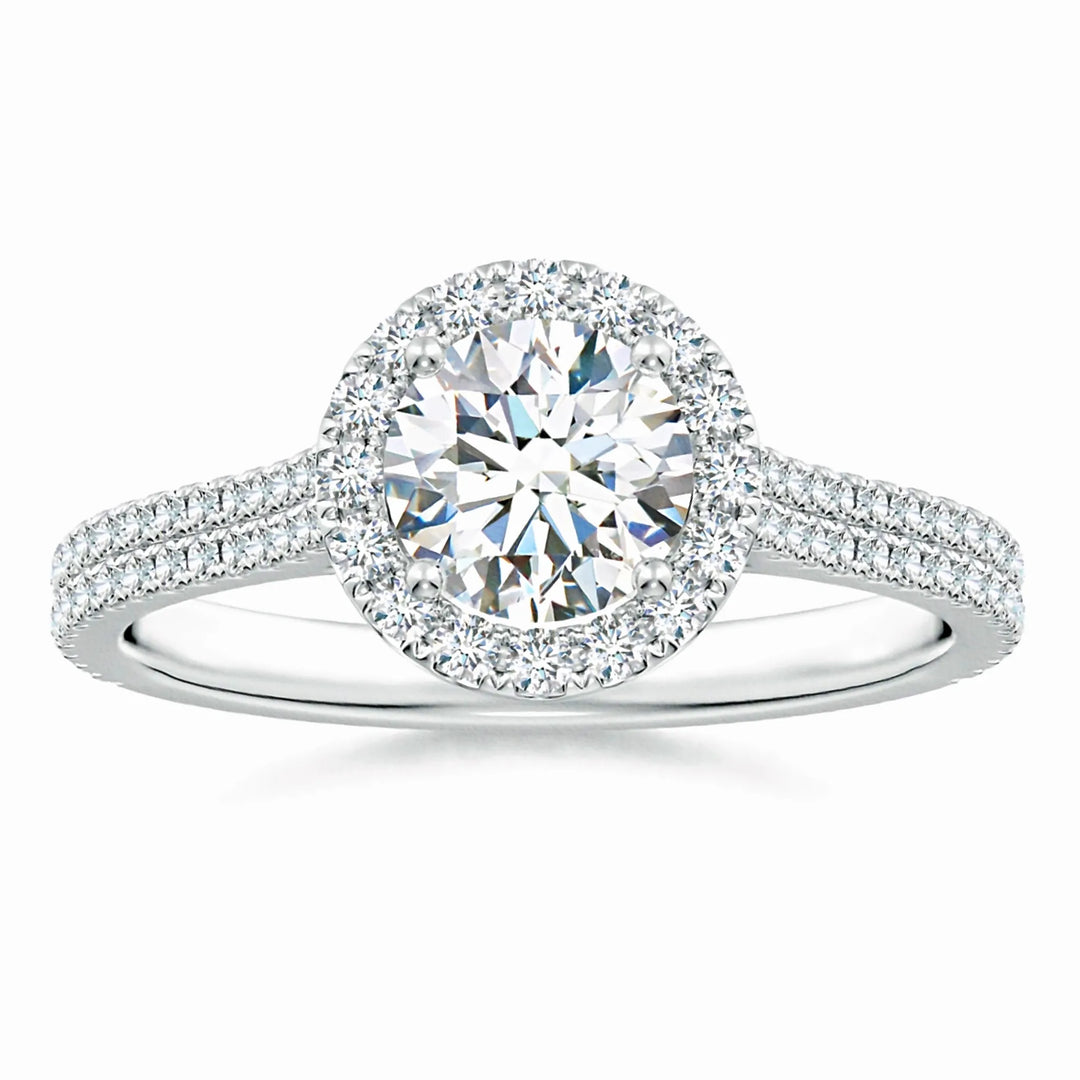 Prong-Set Round Lab-Grown Diamond Halo Twin Row Ring with Accents