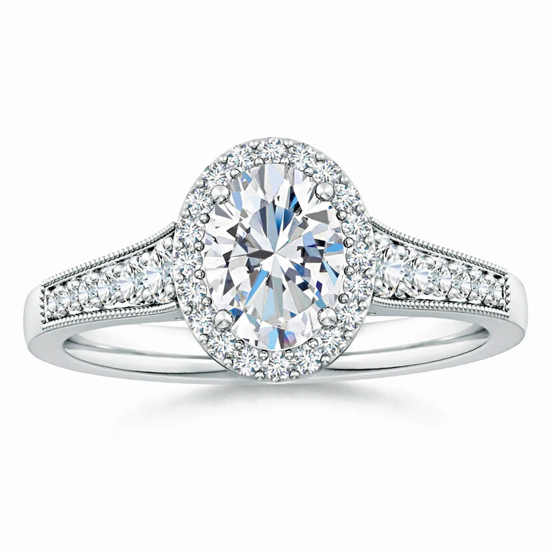Lab-Grown Oval Diamond Halo Engagement Ring with Milgrain
