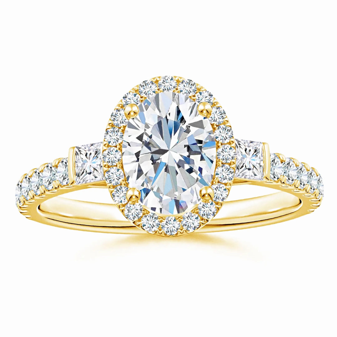 Lab-Grown Oval Diamond Side Stone Halo Engagement Ring