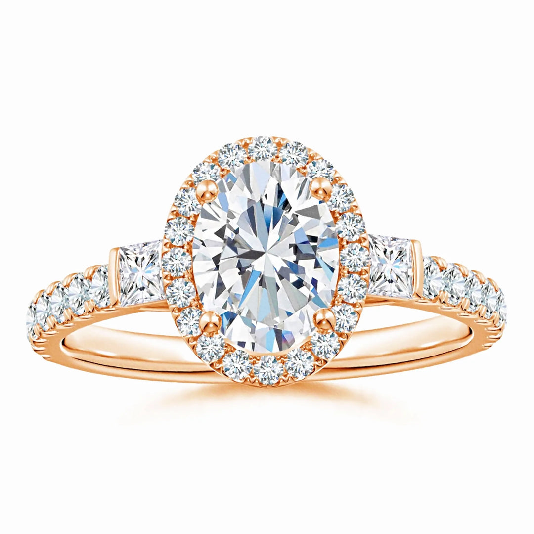 Lab-Grown Oval Diamond Side Stone Halo Engagement Ring