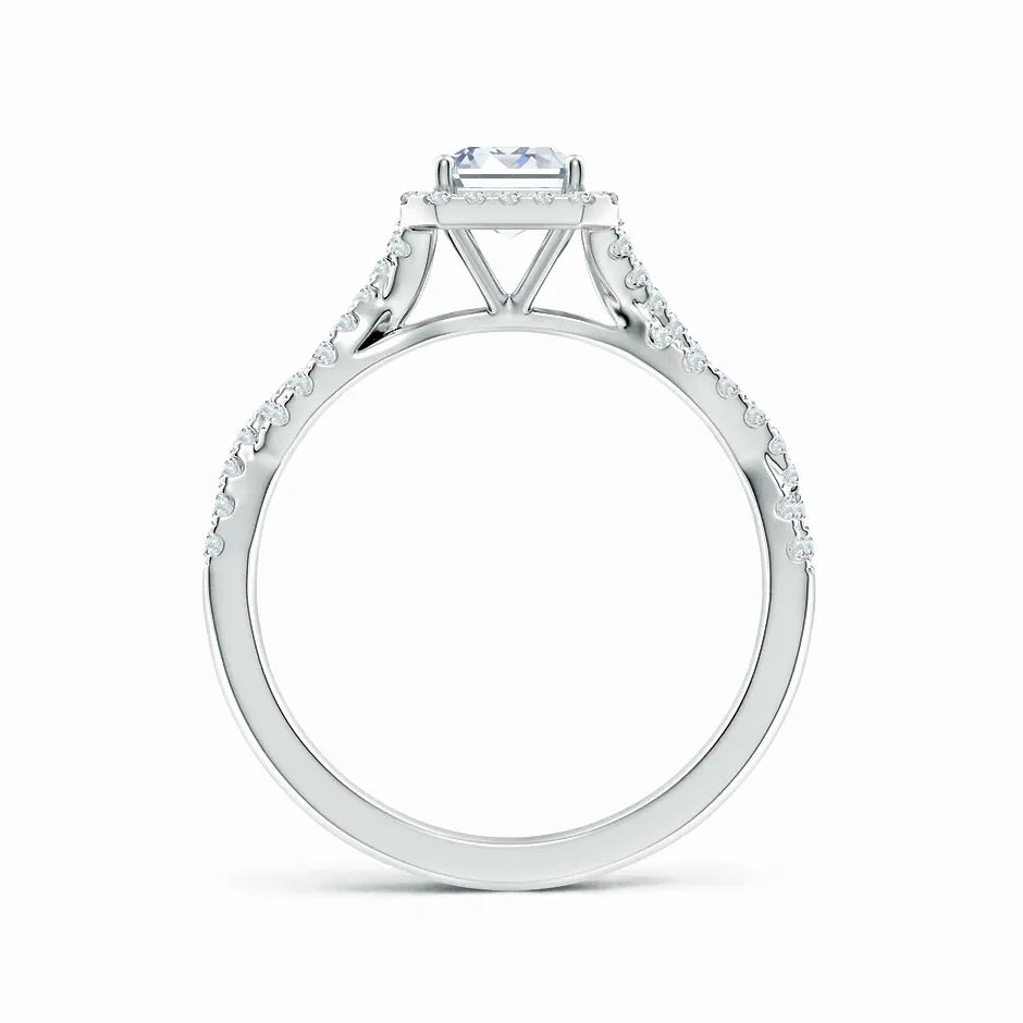 Lab-Grown Emerald-Cut Diamond Halo Twisted Shank Engagement Ring