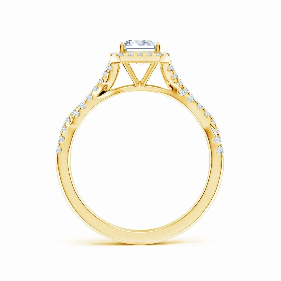 Lab-Grown Emerald-Cut Diamond Halo Twisted Shank Engagement Ring