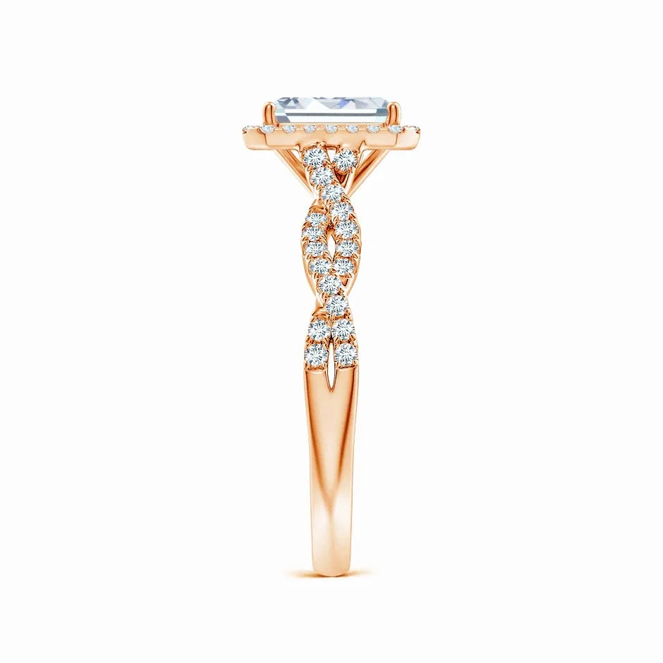 Lab-Grown Emerald-Cut Diamond Halo Twisted Shank Engagement Ring