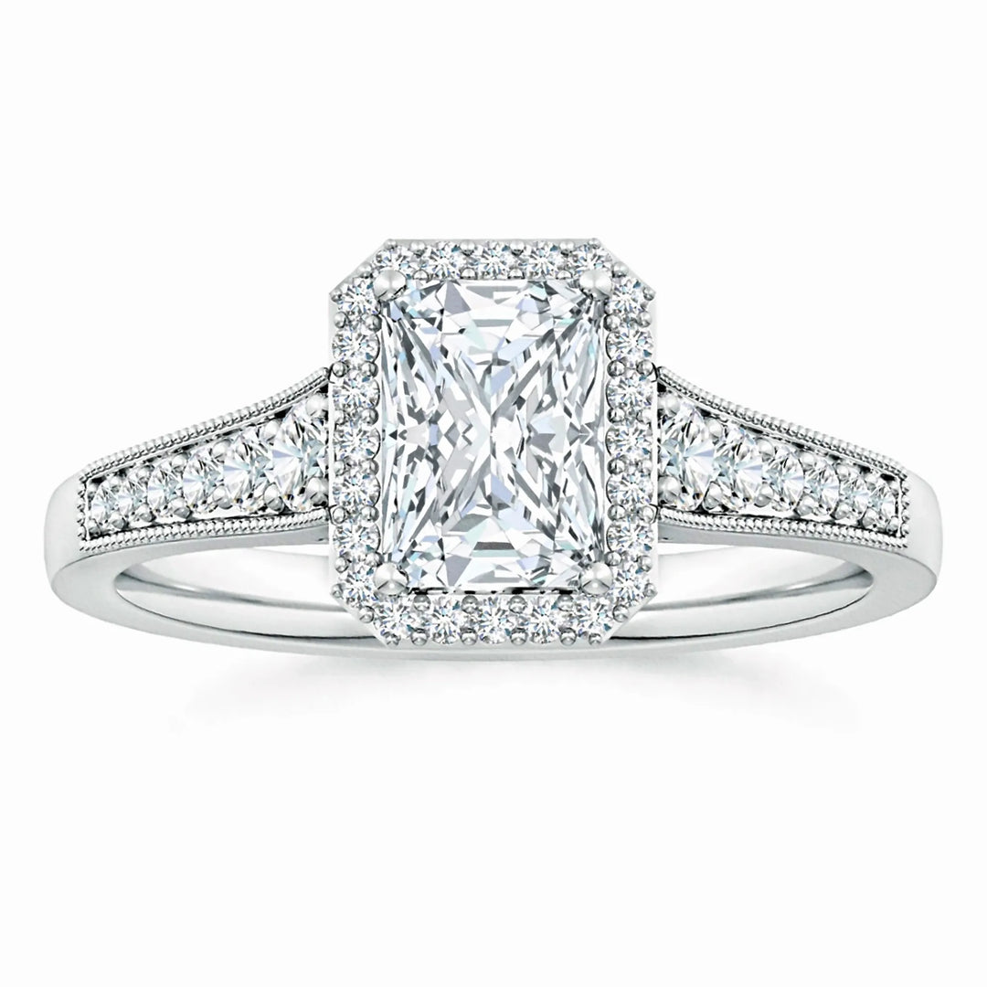 Lab-Grown Radiant-Cut Diamond Halo Engagement Ring with Milgrain