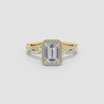 Load and play video in Gallery viewer, Lab-Grown Emerald-Cut Diamond Halo Twisted Shank Engagement Ring
