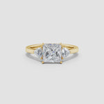 Load and play video in Gallery viewer, IGI Certified Lab-Grown Princess-Cut and Trillion Diamond Three Stone Reverse Tapered Shank Engagement Ring
