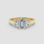 Load and play video in Gallery viewer, Lab-Grown Emerald-Cut and Trapezoid Diamond Three Stone Ring
