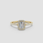 Load and play video in Gallery viewer, Prong-Set Emerald-Cut Lab-Grown Diamond Halo Ring
